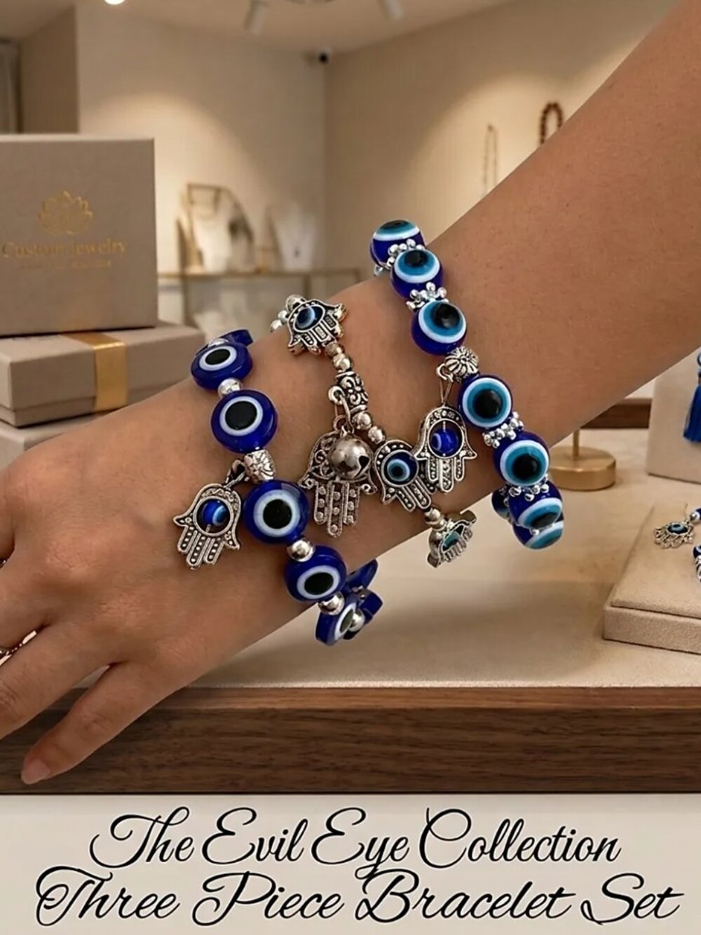 NWT -3pc Boho Evil Eye Beaded Bracelet Set – Silver & Blue with Rhinestones - Picture 2 of 5